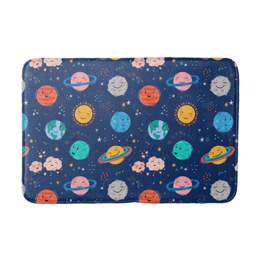 かわいい笑顔の惑星パターン バスマット (正面)