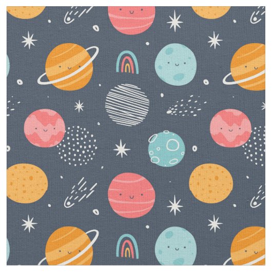 かわいい笑顔の惑星パターン ファブリック (クローズアップ)
