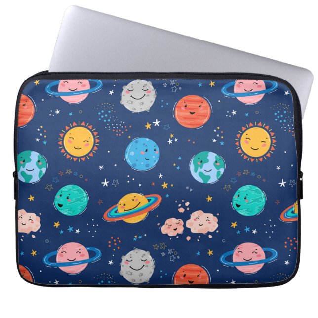 かわいい笑顔の惑星パターン ラップトップスリーブ (正面)