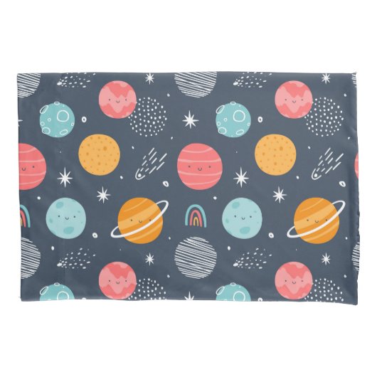 かわいい笑顔の惑星パターン 枕カバー (正面)