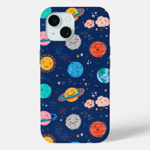 かわいい笑顔の惑星パターン iPhone 15ケース