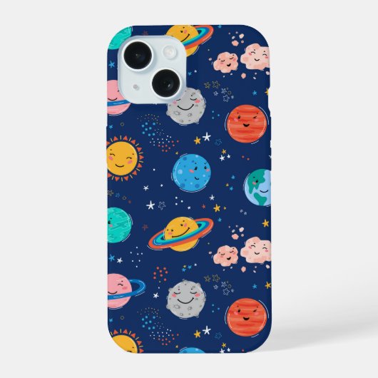 かわいい笑顔の惑星パターン iPhone 15ケース (裏面)