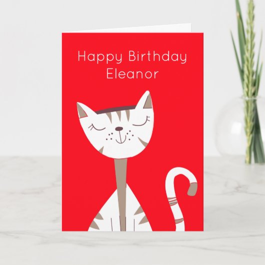 かわいい笑顔の猫ネームレッドハッピーバースデーカード カード (正面)