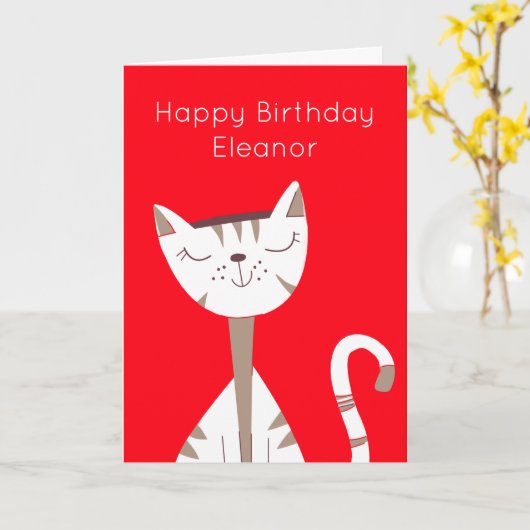 かわいい笑顔の猫ネームレッドハッピーバースデーカード カード (黄色い花)