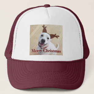 かわいい笑顔の白トナカイ子犬のクリスマス キャップ