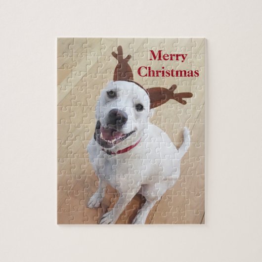 かわいい笑顔の白トナカイ子犬のクリスマス ジグソーパズル (縦)