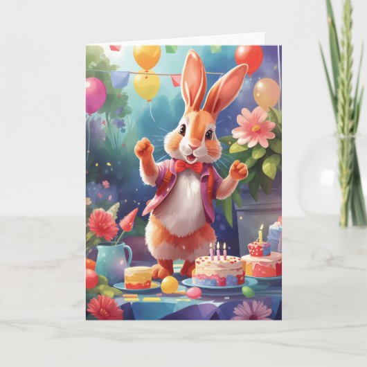 かわいい笑顔の祝バニーがテーブルに |カード カード (正面)