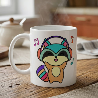 かわいい笑顔の赤ちゃんアライグマのヘッドホン姿 コーヒーマグカップ