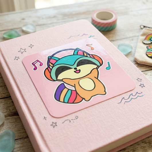 かわいい笑顔の赤ちゃんアライグマ ヘッドホン スクエアシール