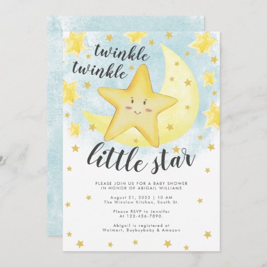 かわいい笑顔の金ゴールドがキラキラ輝く小さな星の赤ちゃんシャワー 招待状 (正面/裏面)