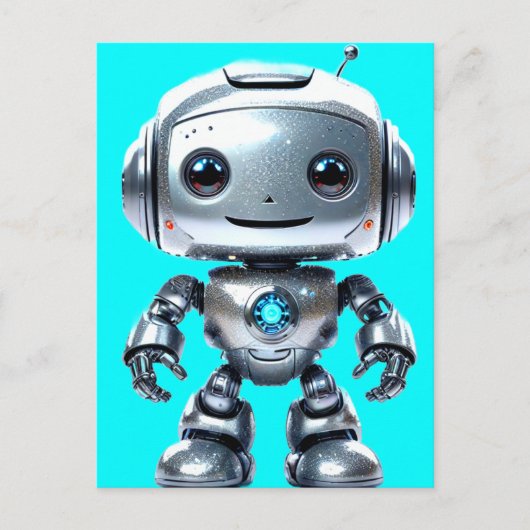 かわいい笑顔の銀玩具ロボット ポストカード (正面)