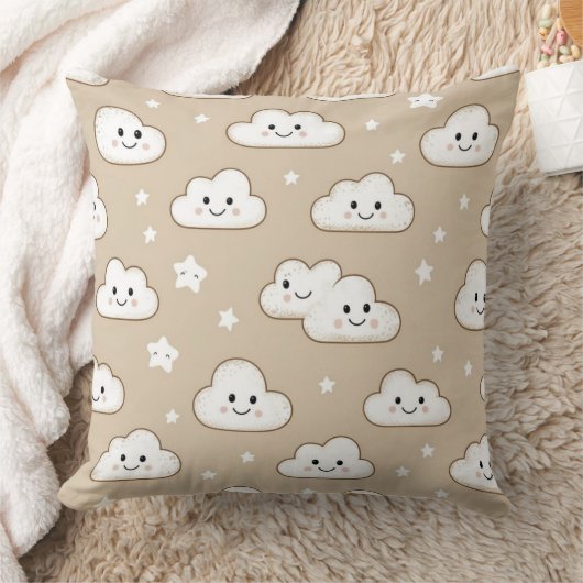 かわいい笑顔の雲と星のベージュ クッション (ブランケット)
