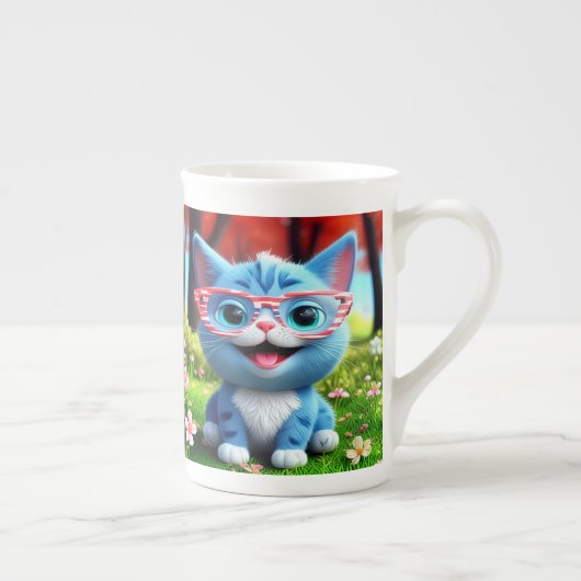 かわいい笑顔の青い子猫55665 ボーンチャイナマグカップ (右)