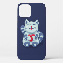 かわいい笑顔ハートの青い猫子猫 iPhone 12ケース