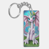 かわいい笑顔ベビードラゴンと花 キーホルダー (正面左)