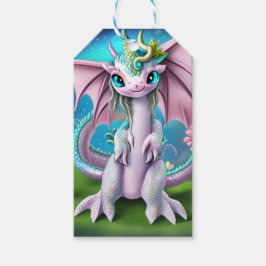 かわいい笑顔ベビードラゴンと花 ギフトタグ