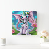 かわいい笑顔ベビードラゴンと花 スクエア壁時計 (ホーム)