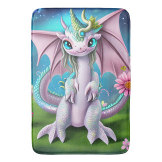 かわいい笑顔ベビードラゴンと花 バスマット