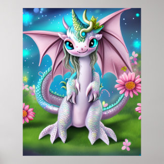 かわいい笑顔ベビードラゴンと花 ポスター