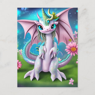 かわいい笑顔ベビードラゴンと花 ポストカード