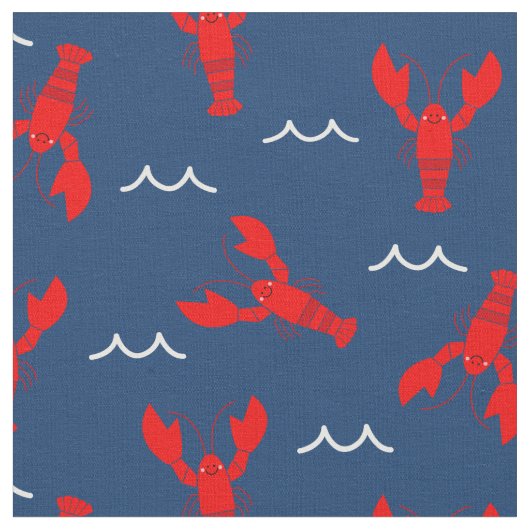 かわいい笑顔ロブスターオンネイビーブルー ファブリック (クローズアップ)