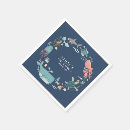 かわいい第1男の赤ちゃんブルーウォーターの色の下の海 スタンダードカクテルナプキン (角)