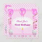 かわいい第1誕生日第1女子ピンクバルーンカップケーキ 招待状 (正面/裏面)