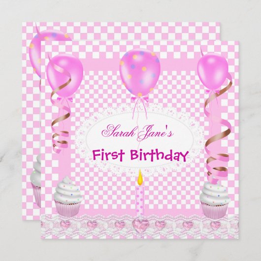 かわいい第1誕生日第1女子ピンクバルーンカップケーキ 招待状 (正面/裏面)