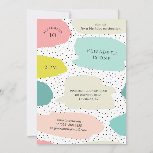 かわいい筆のタッチ。ピンクとミントの子供の誕生日 招待状 (正面)