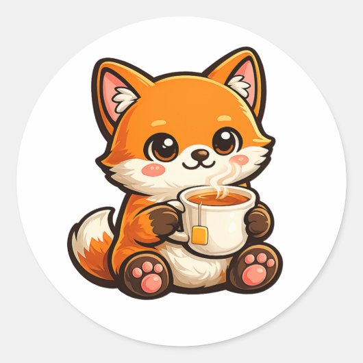 かわいい紅茶の狐のイラスト – ほっこり紅茶を飲む狐 ラウンドシール (正面)