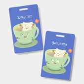 かわいい紅茶の茶葉パックとカップの漫画ユーモアキャラクター バッジ (正面＆裏面)