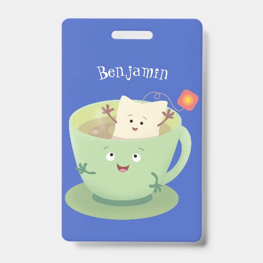 かわいい紅茶の茶葉パックとカップの漫画ユーモアキャラクター バッジ (正面)