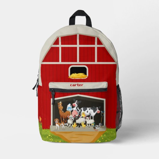 かわいい納屋と家畜 プリントバックパック (正面)