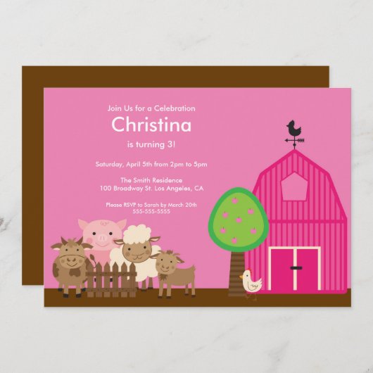 かわいい納屋ヤードの家畜の誕生会の招待 招待状 (正面/裏面)