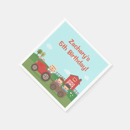 かわいい納屋周囲の庭のトラクターの子供の誕生日のパーティーのナプキン スタンダードカクテルナプキン (角)