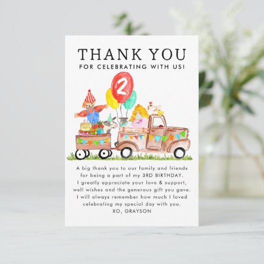 かわいい納屋周囲の庭パーティートラックファームアニマルズ誕生日 サンキューカード (スタンド正面)