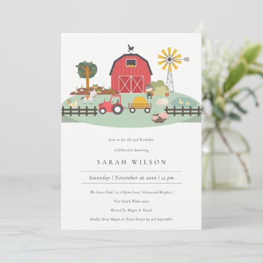 かわいい納屋周囲の庭ファームアニマルエイジ誕生日招待状 サンキューカード (スタンド正面)