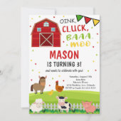 かわいい納屋周囲の庭ファームアニマルズ誕生日招待状 招待状 (正面)