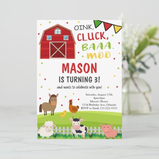 かわいい納屋周囲の庭ファームアニマルズ誕生日招待状 招待状 (スタンド正面)