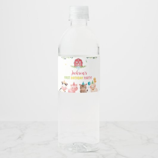 かわいい納屋周囲の庭ファームアニマルズ誕生日 ペットボトルラベル (正面)