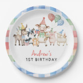 かわいい納屋周囲の庭ファームアニマルズ誕生日 ペーパープレート (正面)
