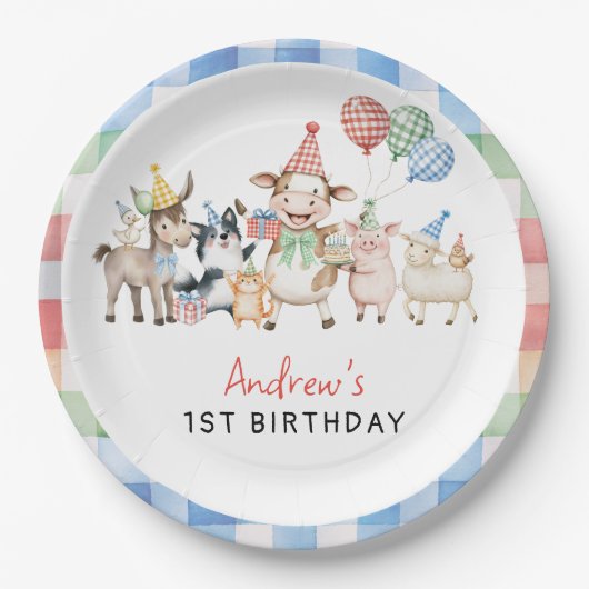 かわいい納屋周囲の庭ファームアニマルズ誕生日 ペーパープレート (正面)
