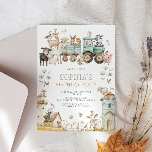 かわいい納屋周囲の庭ファームアニマルズ誕生日 招待状