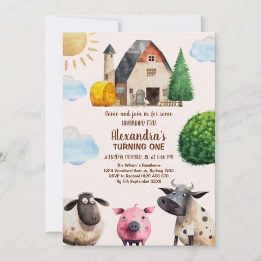 かわいい納屋周囲の庭ファームアニマルズ1歳の誕生日 招待状 (正面)