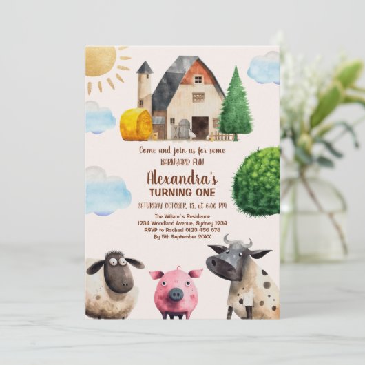 かわいい納屋周囲の庭ファームアニマルズ1歳の誕生日 招待状 (スタンド正面)