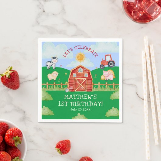 かわいい納屋周囲の庭ファームアニマルズ1st誕生日パーティー スタンダードカクテルナプキン (インサイチュ)