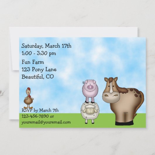 かわいい納屋周囲の庭ファームアニマルズ1st誕生日パーティー 招待状 (裏面)