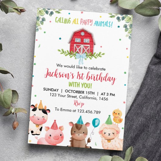 かわいい納屋周囲の庭ファームアニマルズ1st誕生日招待状 招待状