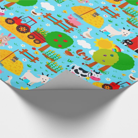 かわいい納屋周囲の庭ファーム動物の誕生日パーティーキッズ ラッピングペーパー (角)