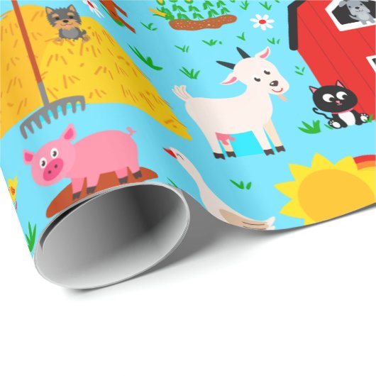 かわいい納屋周囲の庭ファーム動物の誕生日パーティーキッズ ラッピングペーパー (ロールコーナー)